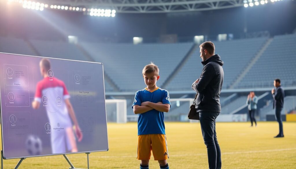 Qué mira un mentor de fútbol cuando observa un partido de su atleta - иллюстрация