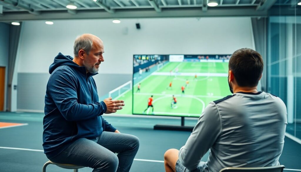 Qué mira un mentor de fútbol cuando observa un partido de su atleta - иллюстрация